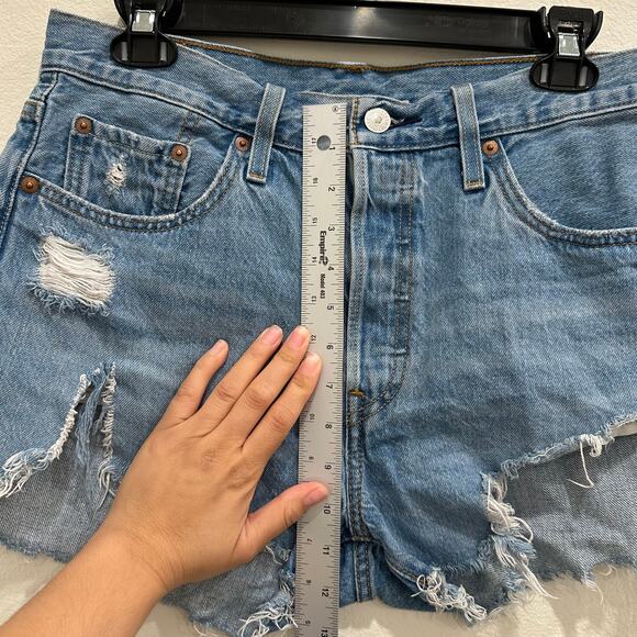 Levis 501 Jean Shorts Womens 29 Blue Medium Wash High Rise Button Stretch Denim - Picture 4 of 8